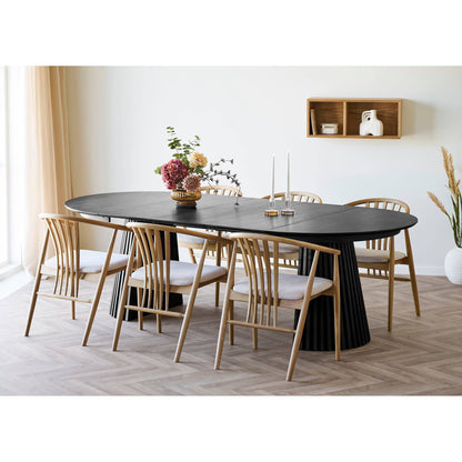 Masa de dining din furnir de stejar, negru, incl. trei placi de extensie, in living bej
