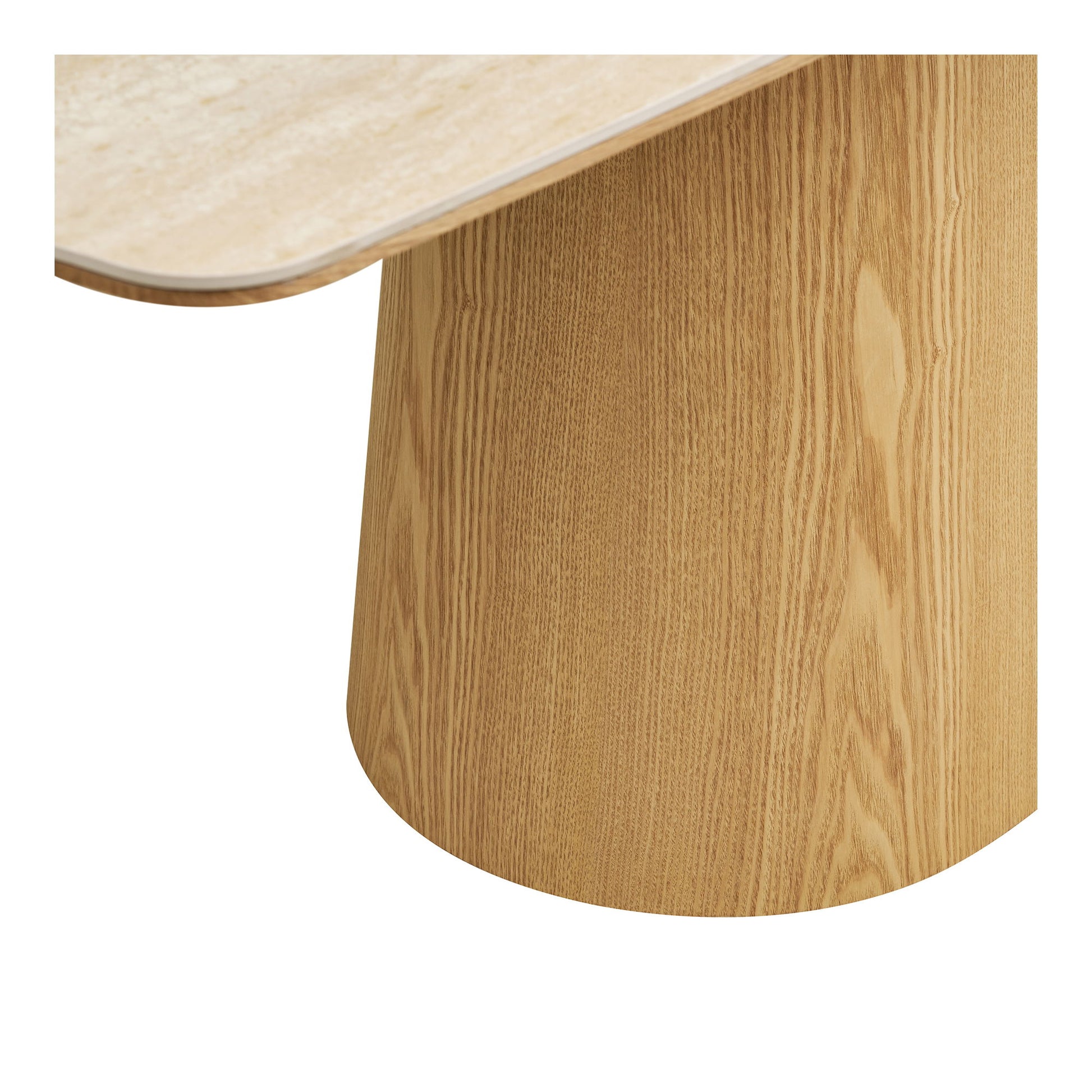Masa de dining cu blat ceramic/furnir de frasin, aspect travertin/natur, detaliu