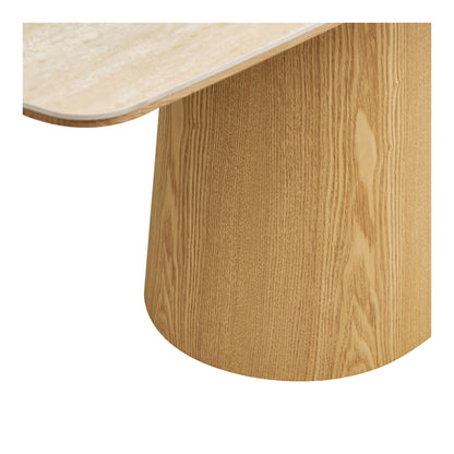 Masa de dining cu blat ceramic/furnir de frasin, aspect travertin/natur, detaliu