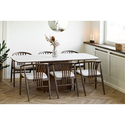 Masa de dining cu blat ceramic/furnir de frasin, alb/maro inchis, in living