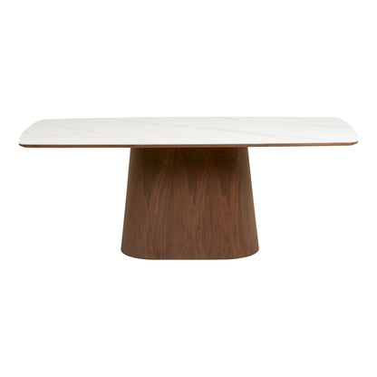 Masa de dining cu blat ceramic/furnir de frasin, alb/maro inchis 