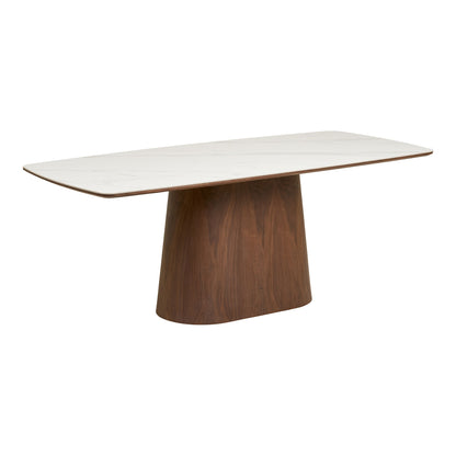 Masa de dining cu blat ceramic/furnir de frasin, alb/maro inchis 