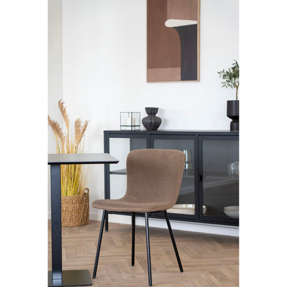 Masa de cafea din melamina, aspect gri piatra, baza metalica neagra, detaliu, in living