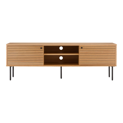  Comoda TV cu 2 usi, 2 rafturi, furnir de stejar, natur, picioare metalice negre