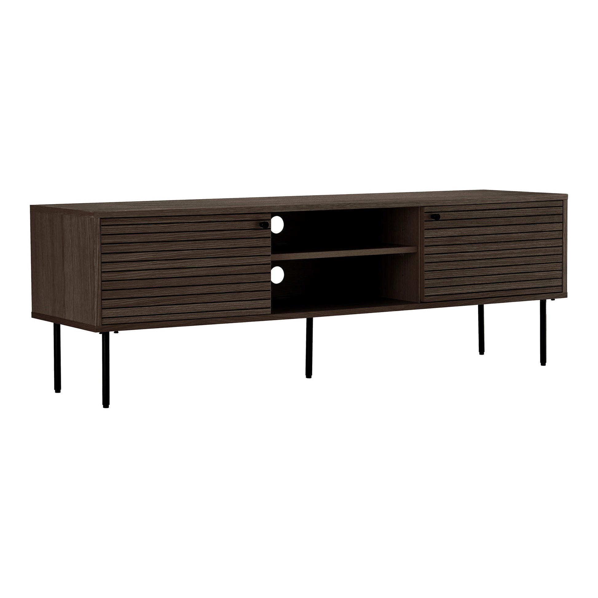 Comoda TV cu 2 usi, 2 rafturi, furnir de stejar, smoked, picioare metalice negre