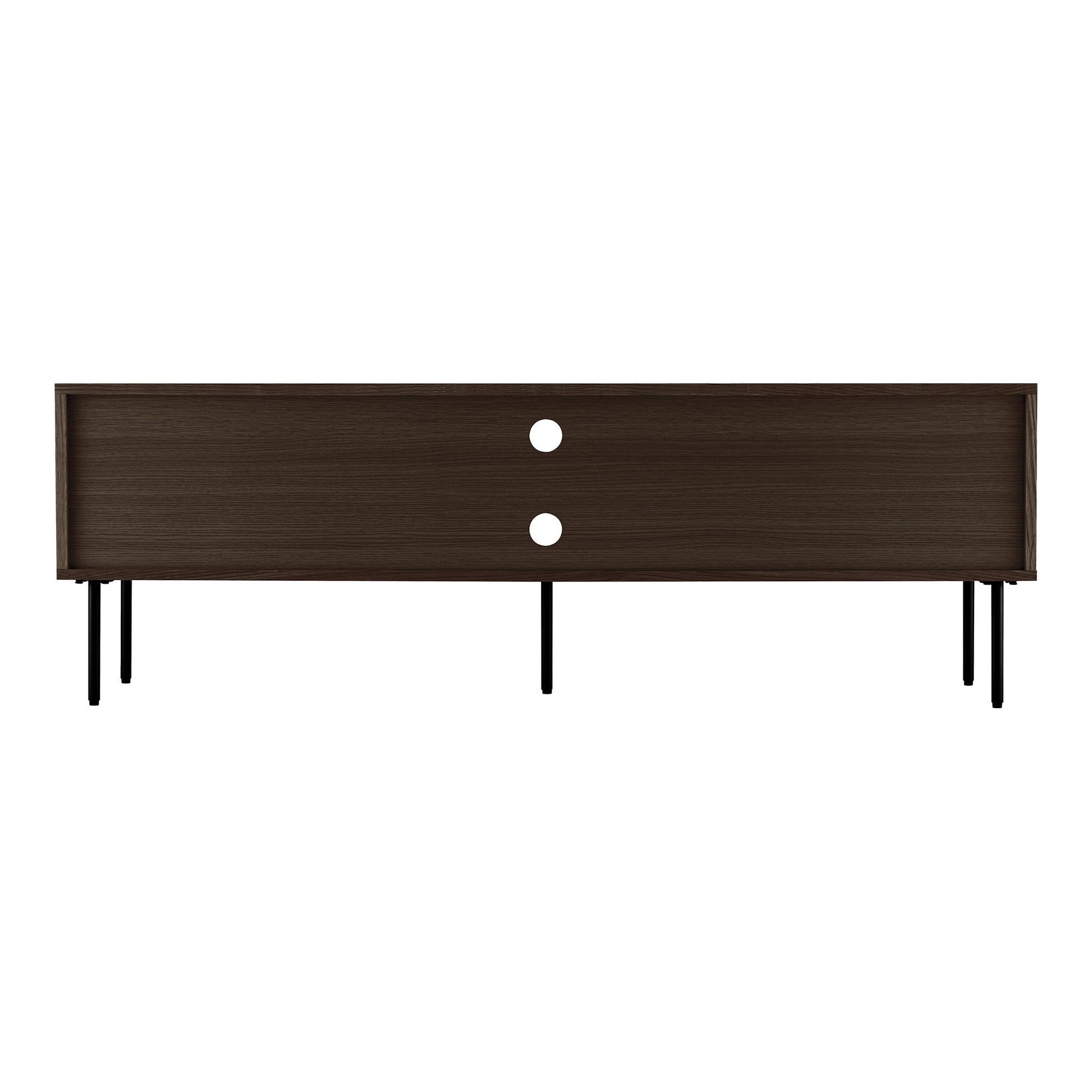 Comoda TV cu 2 usi, 2 rafturi, furnir de stejar, smoked, picioare metalice negre