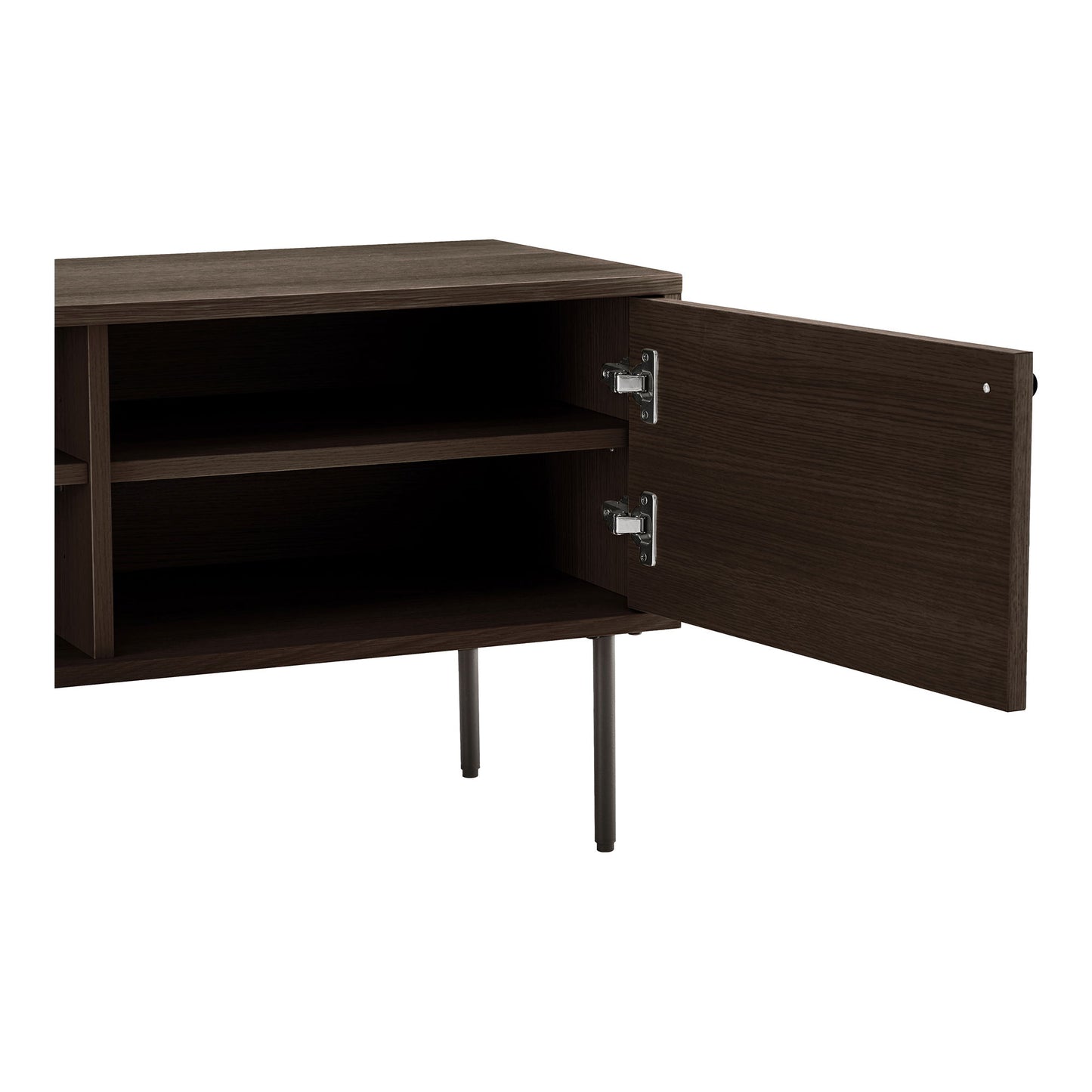 Comoda TV cu 2 usi, 2 rafturi, furnir de stejar, smoked, picioare metalice negre