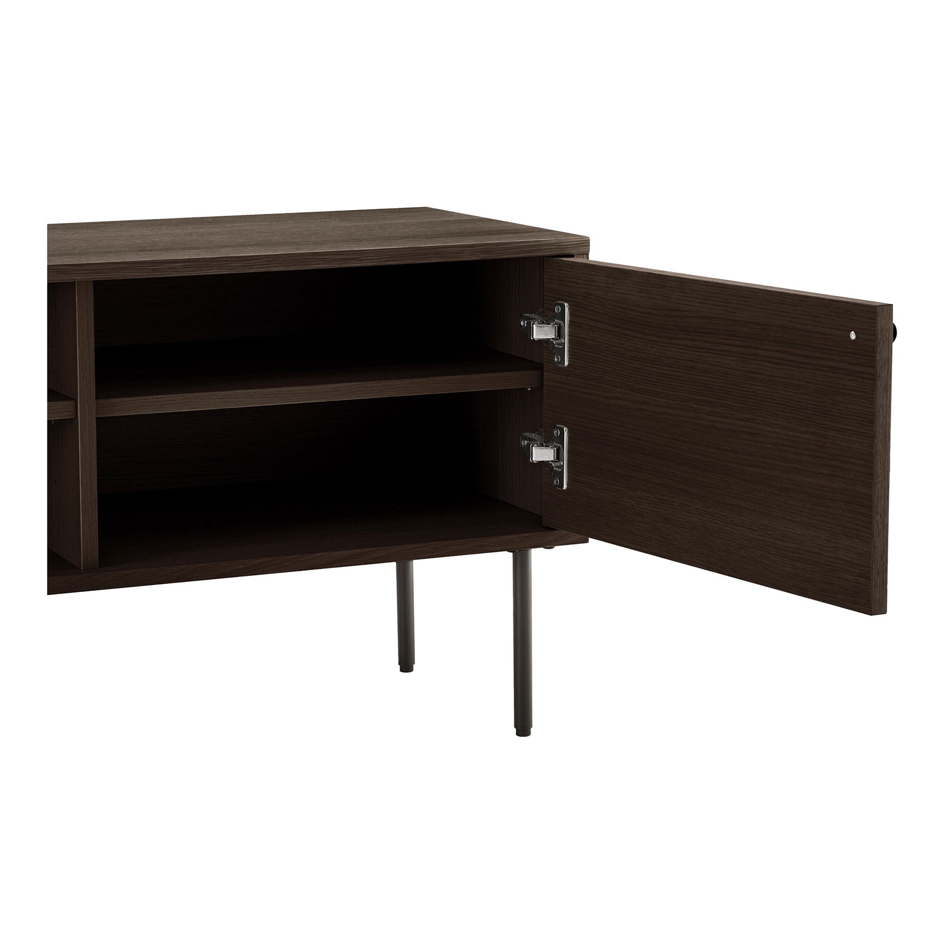 Comoda TV cu 2 usi, 2 rafturi, furnir de stejar, smoked, picioare metalice negre