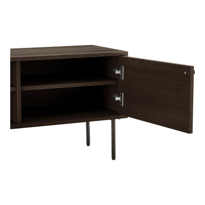 Comoda TV cu 2 usi, 2 rafturi, furnir de stejar, smoked, picioare metalice negre