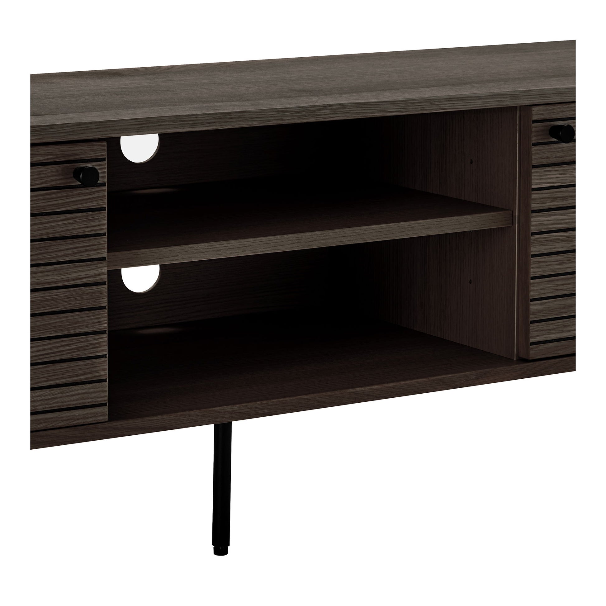 Comoda TV cu 2 usi, 2 rafturi, furnir de stejar, smoked, picioare metalice negre