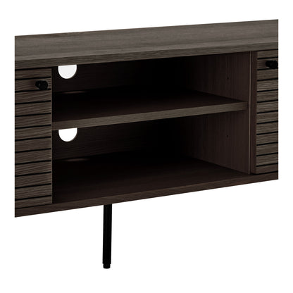 Comoda TV cu 2 usi, 2 rafturi, furnir de stejar, smoked, picioare metalice negre
