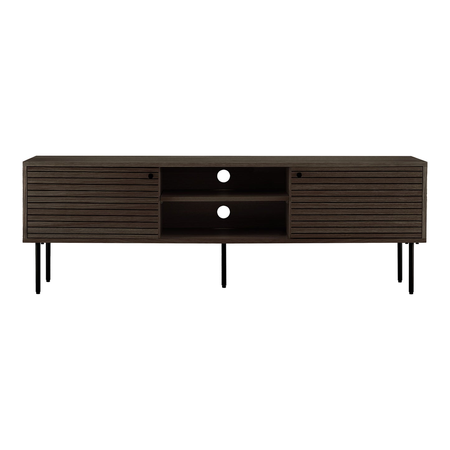 Comoda TV cu 2 usi, 2 rafturi, furnir de stejar, smoked, picioare metalice negre