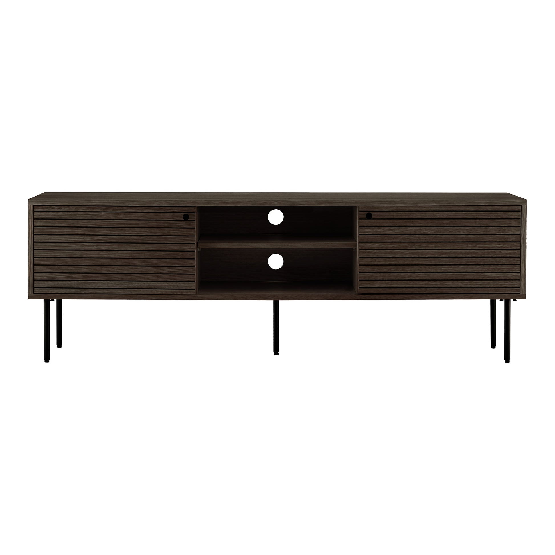 Comoda TV cu 2 usi, 2 rafturi, furnir de stejar, smoked, picioare metalice negre