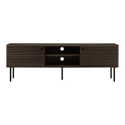 Comoda TV cu 2 usi, 2 rafturi, furnir de stejar, smoked, picioare metalice negre