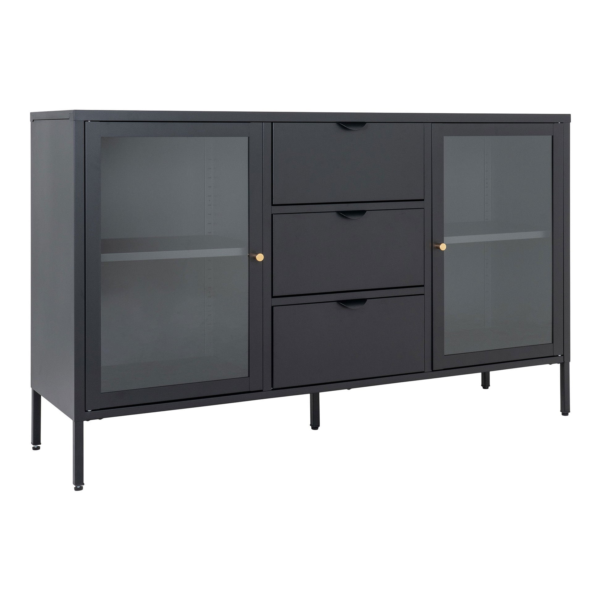 Comoda cu 2 usi de sticla, 3 sertare, otel, negru