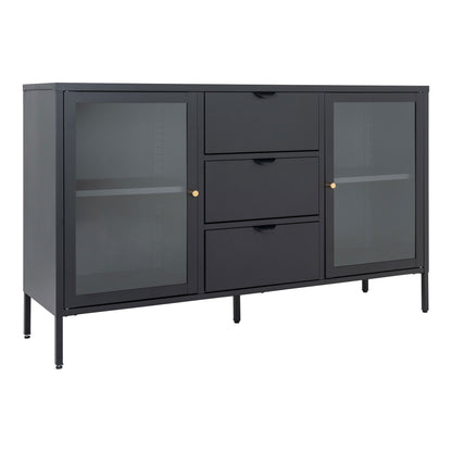 Comoda cu 2 usi de sticla, 3 sertare, otel, negru
