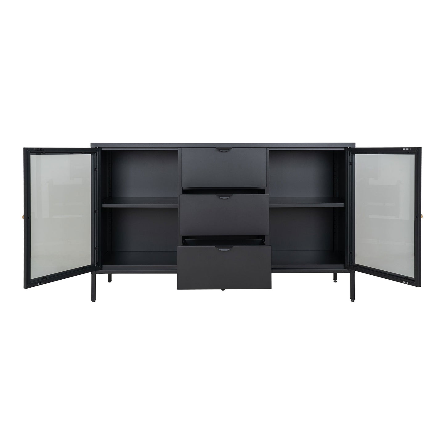 Comoda cu 2 usi de sticla, 3 sertare, otel, negru