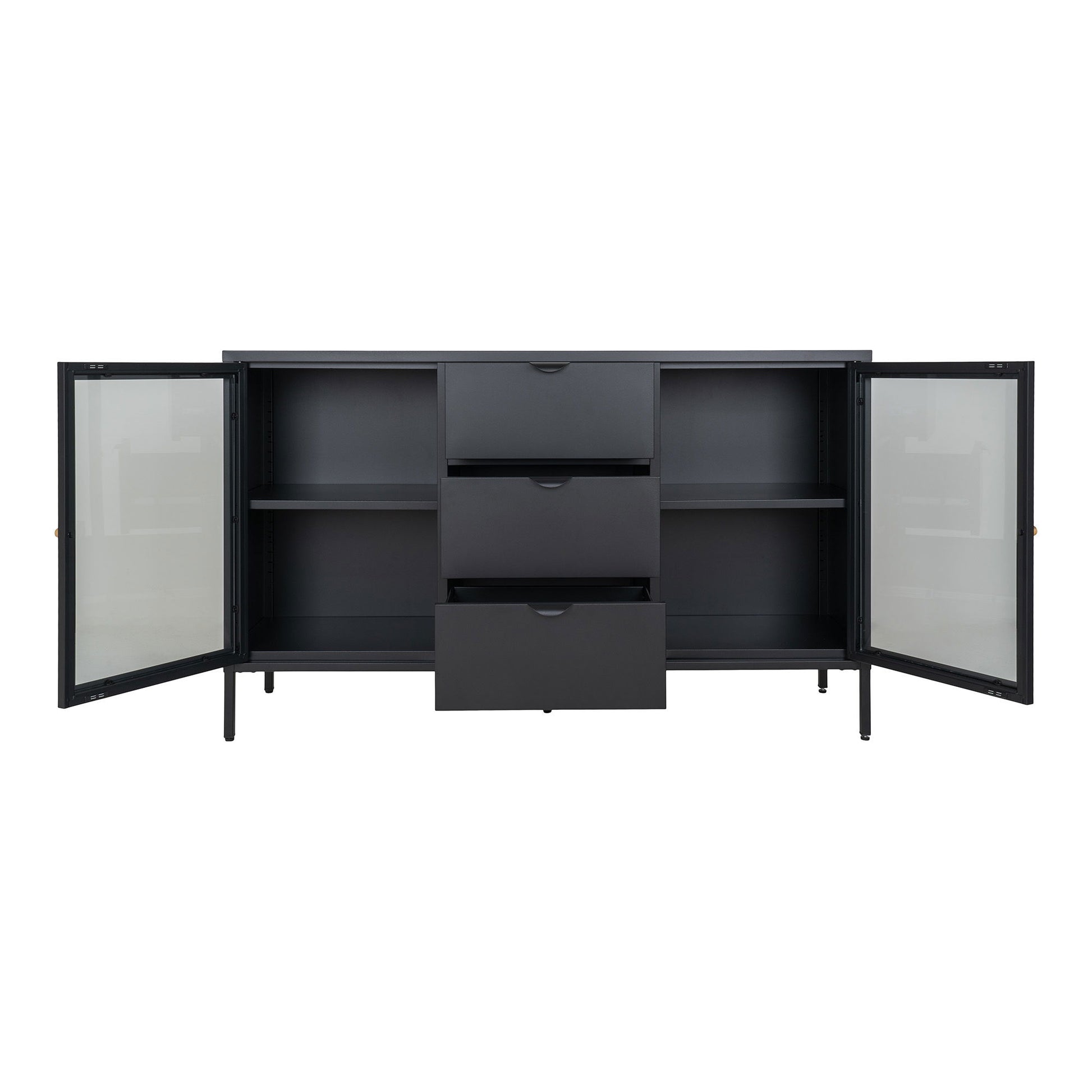 Comoda cu 2 usi de sticla, 3 sertare, otel, negru