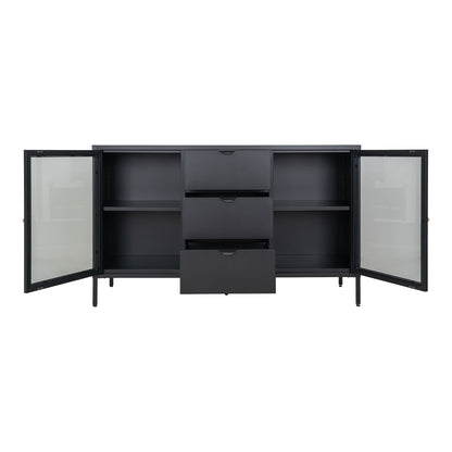 Comoda cu 2 usi de sticla, 3 sertare, otel, negru