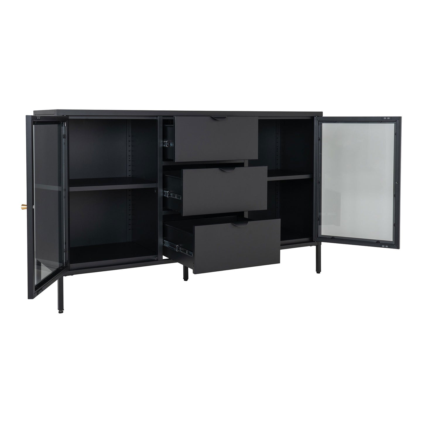 Comoda cu 2 usi de sticla, 3 sertare, otel, negru