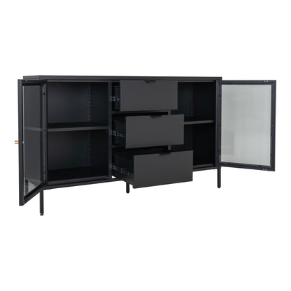 Comoda cu 2 usi de sticla, 3 sertare, otel, negru