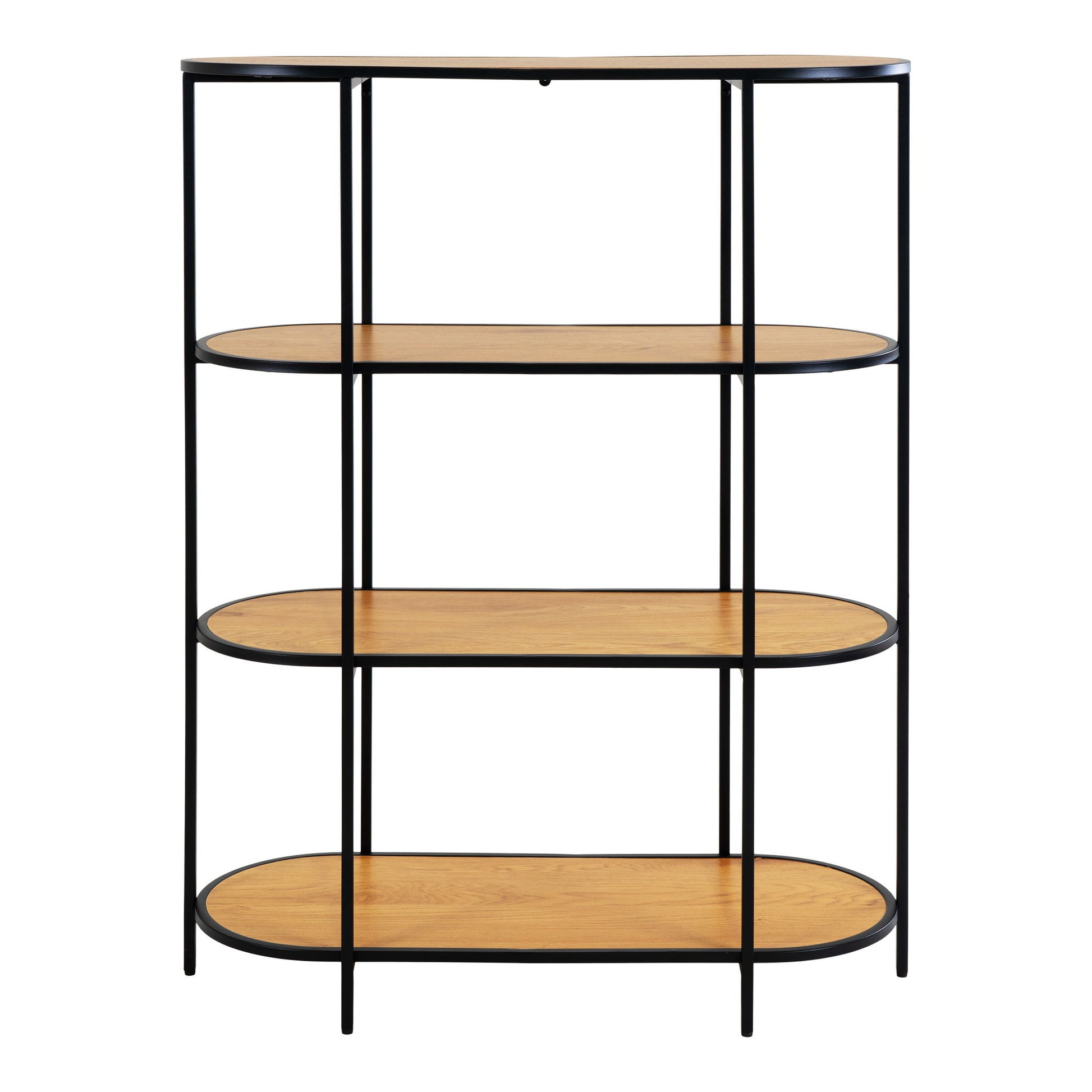 Etajera ovala cu 4 rafturi, aspect stejar, rama neagra