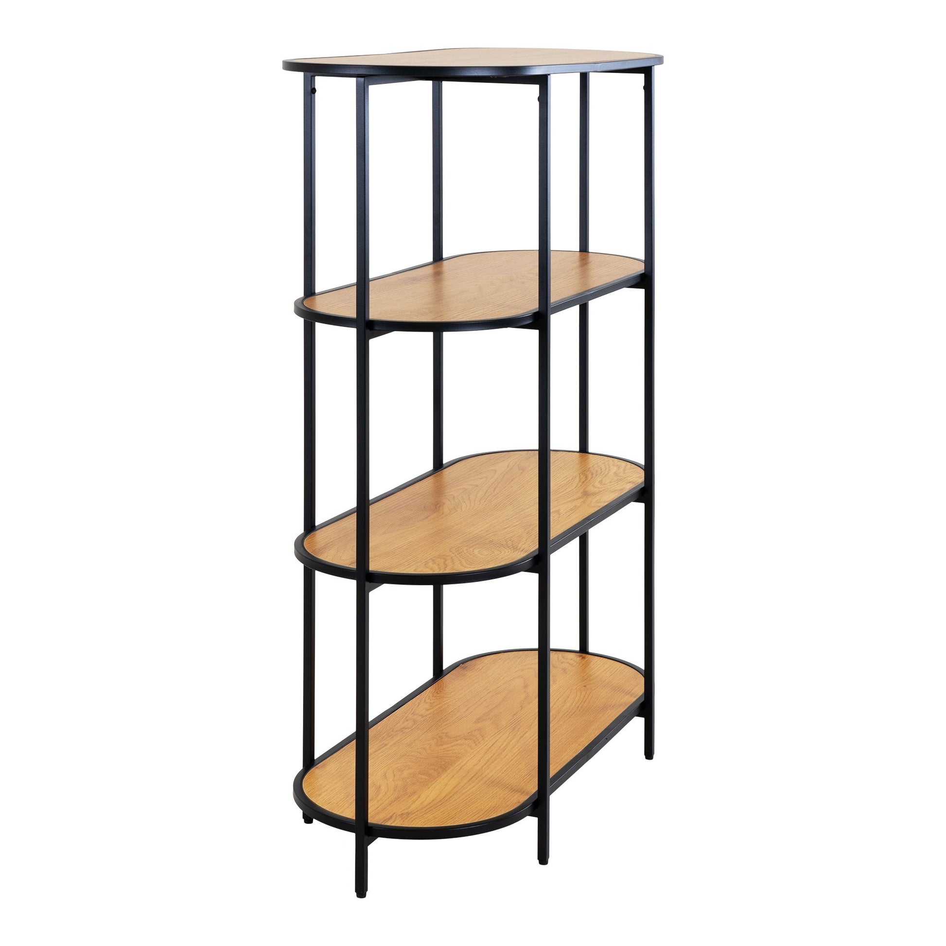 Etajera ovala cu 4 rafturi, aspect stejar, rama neagra