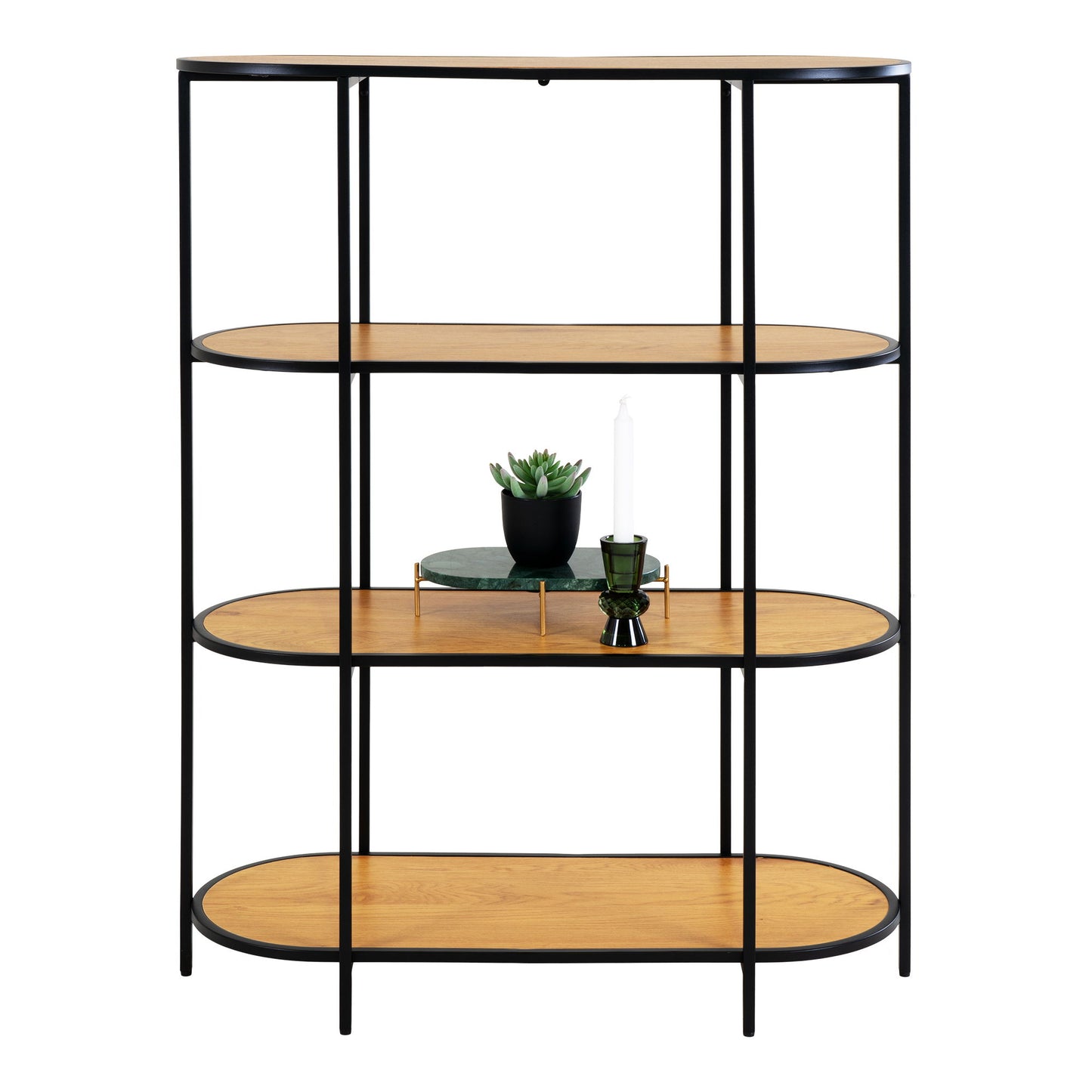 Etajera ovala cu 4 rafturi, aspect stejar, rama neagra