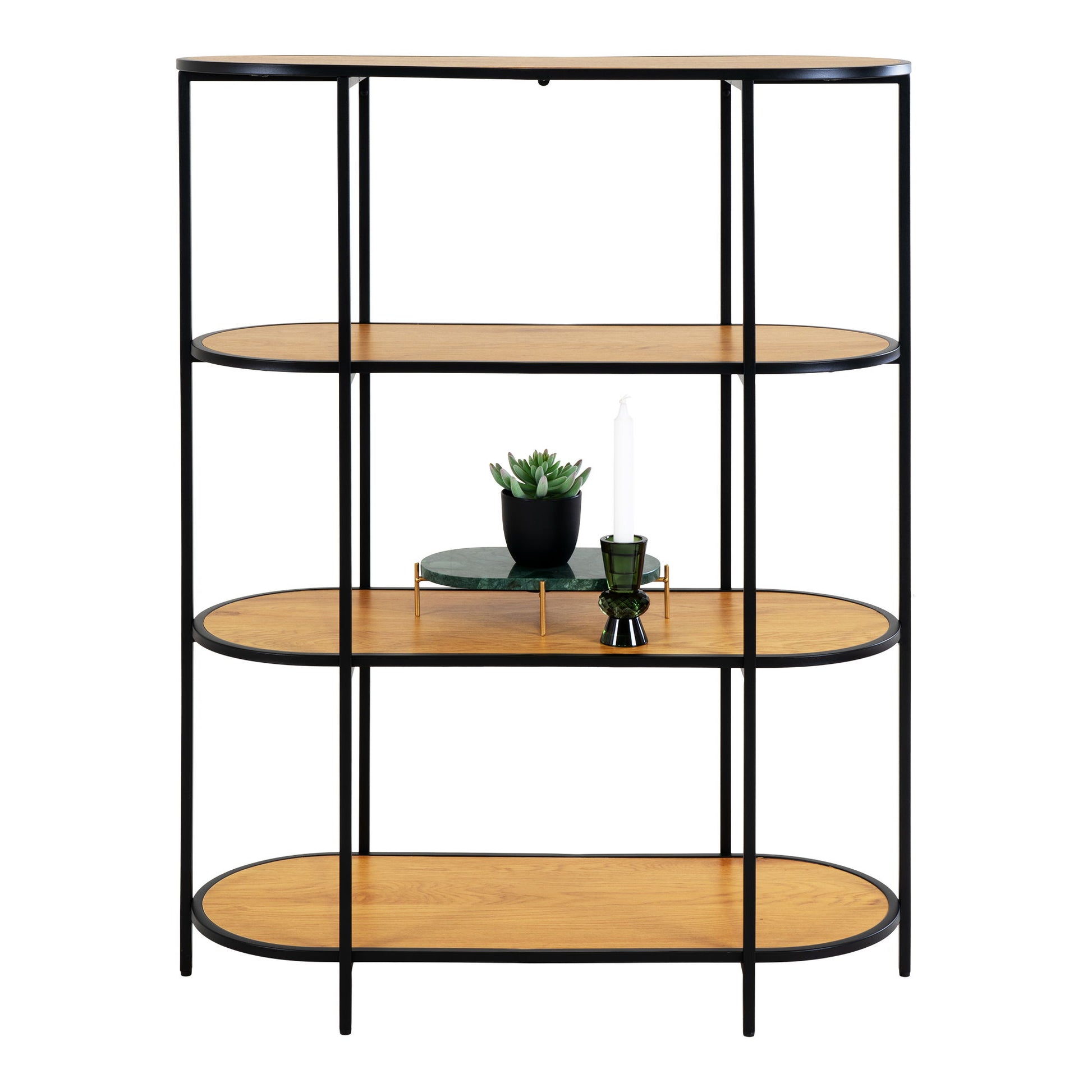 Etajera ovala cu 4 rafturi, aspect stejar, rama neagra