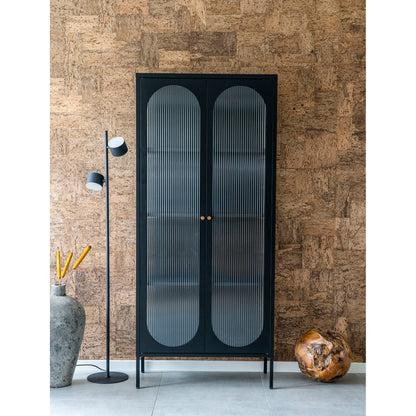  Vitrina cu 2 usi din sticla texturata, otel, negru, in living scandinav