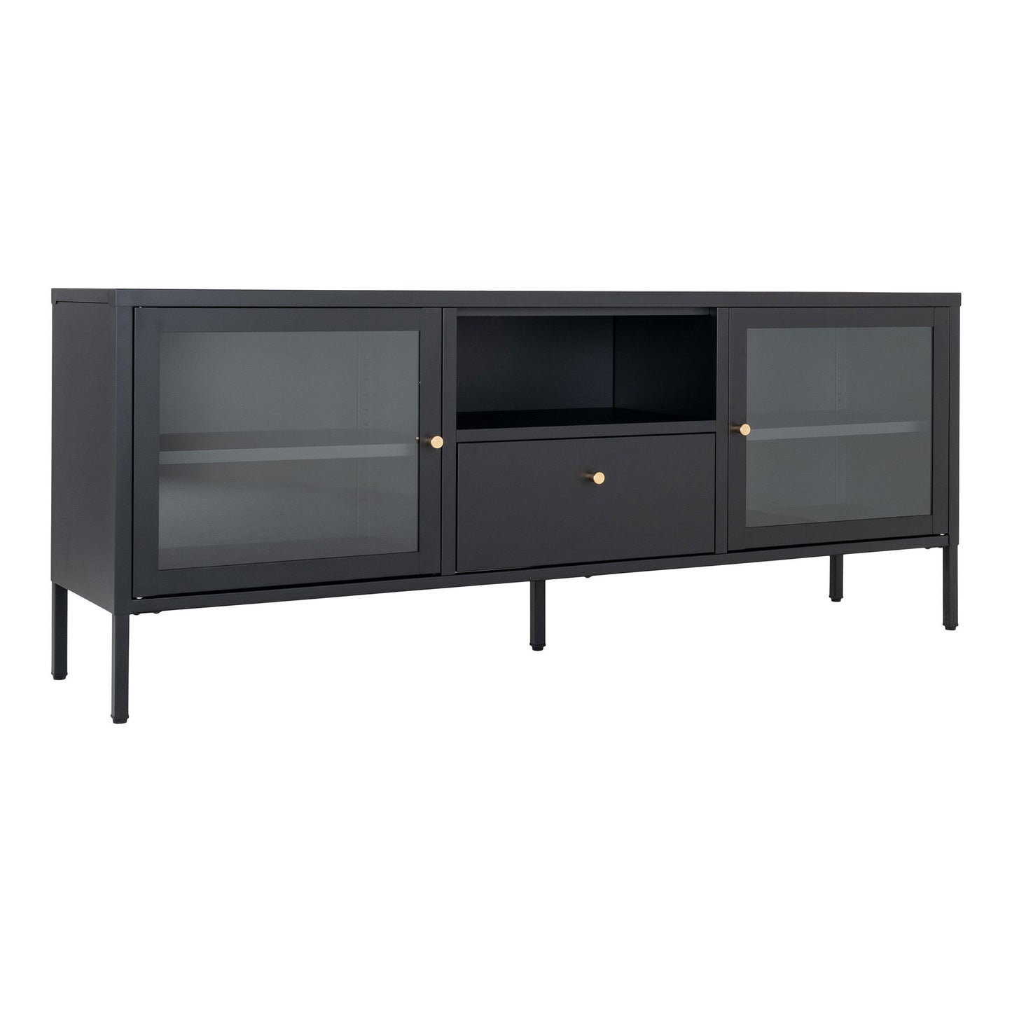 Comoda TV cu 2 usi de sticla, 1 sertar, otel, negru