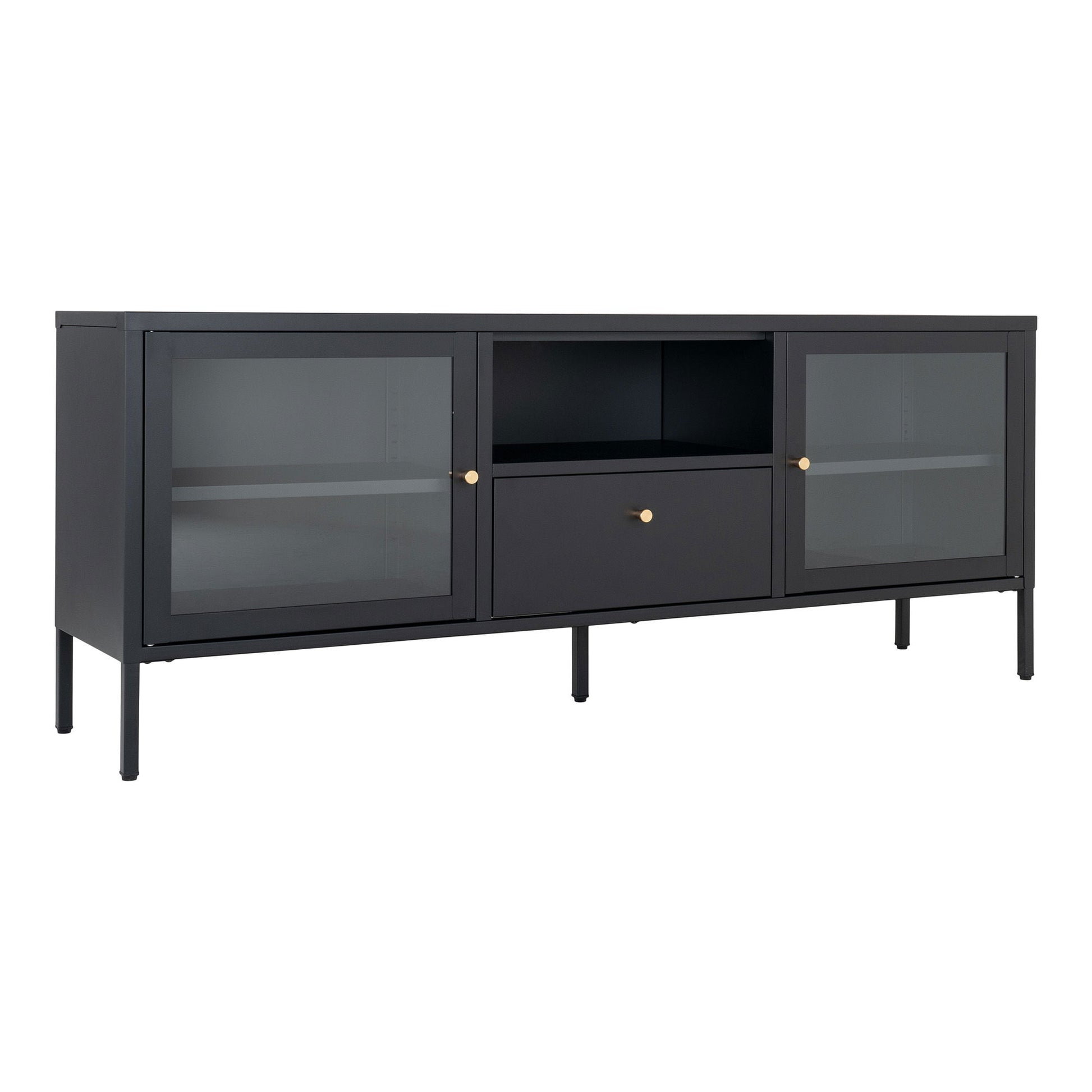 Comoda TV cu 2 usi de sticla, 1 sertar, otel, negru