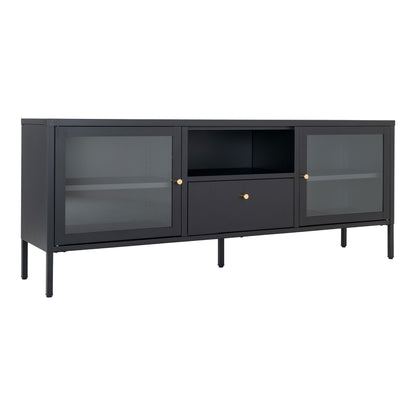 Comoda TV cu 2 usi de sticla, 1 sertar, otel, negru