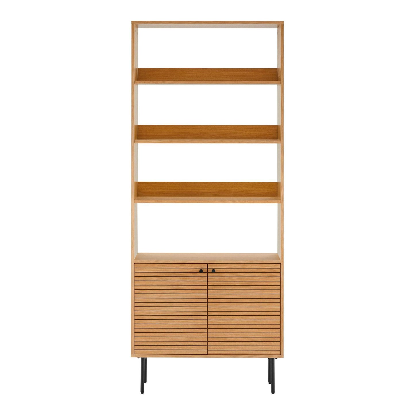 Biblioteca cu 2 usi, 4 rafturi, furnir de stejar, natur, picioare metalice negre