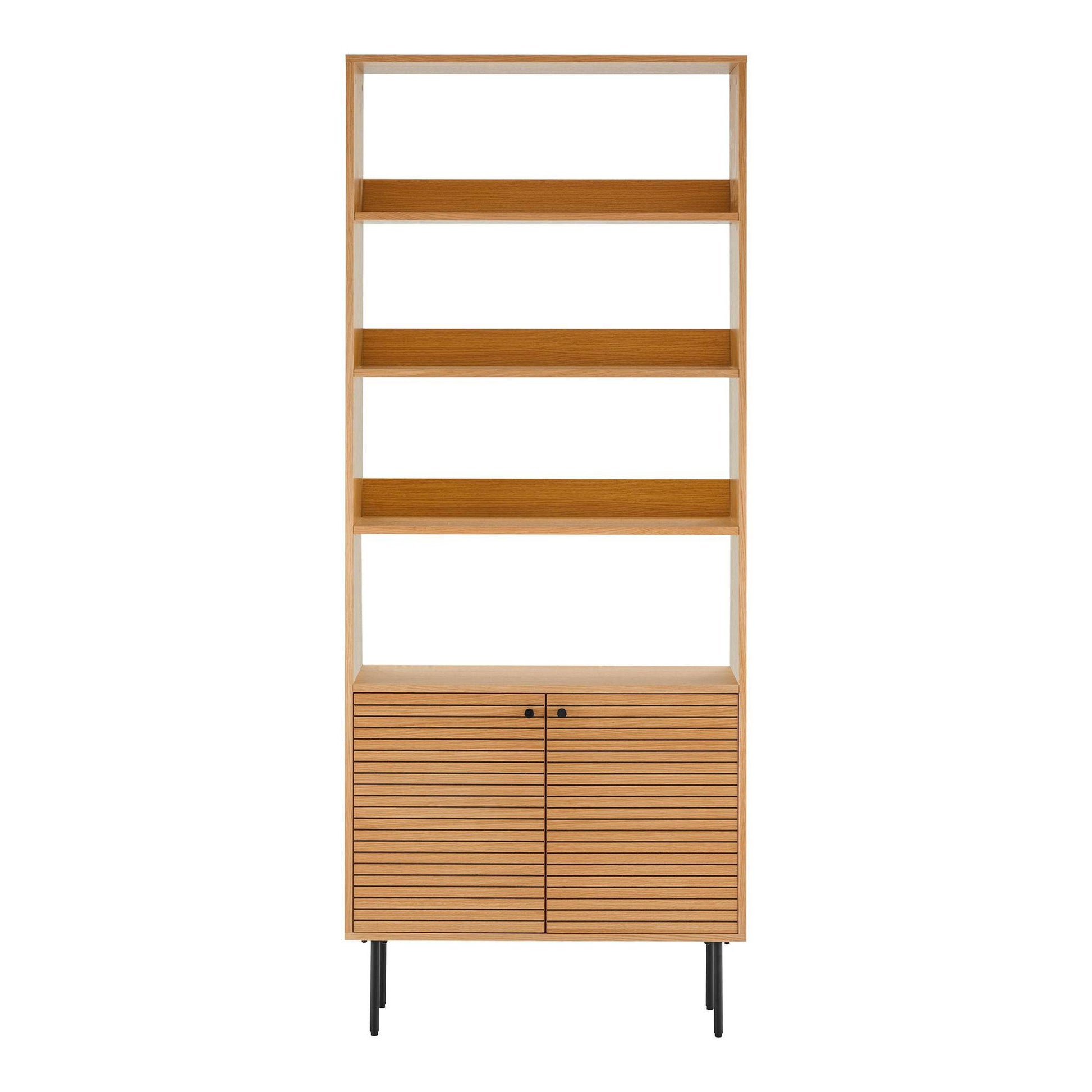 Biblioteca cu 2 usi, 4 rafturi, furnir de stejar, natur, picioare metalice negre
