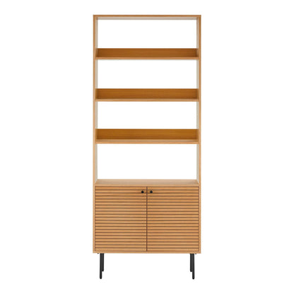 Biblioteca cu 2 usi, 4 rafturi, furnir de stejar, natur, picioare metalice negre