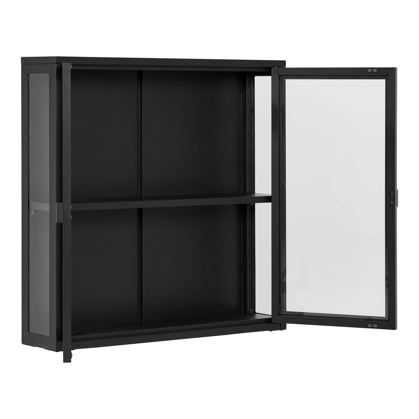 Vitrina suspendata cu 2 usi de sticla, din otel negru, cu usi deschise