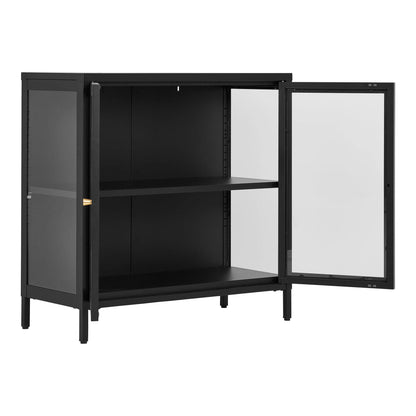 Vitrina cu 2 usi de sticla, din otel negru, cu usi deschise