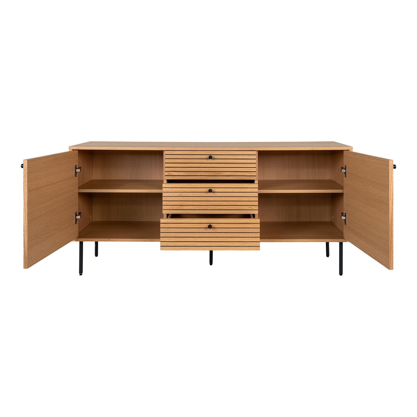  Comoda cu 3 sertare, 2 usi, furnir de stejar, natur, picioare metalice negre, cu usi deschise