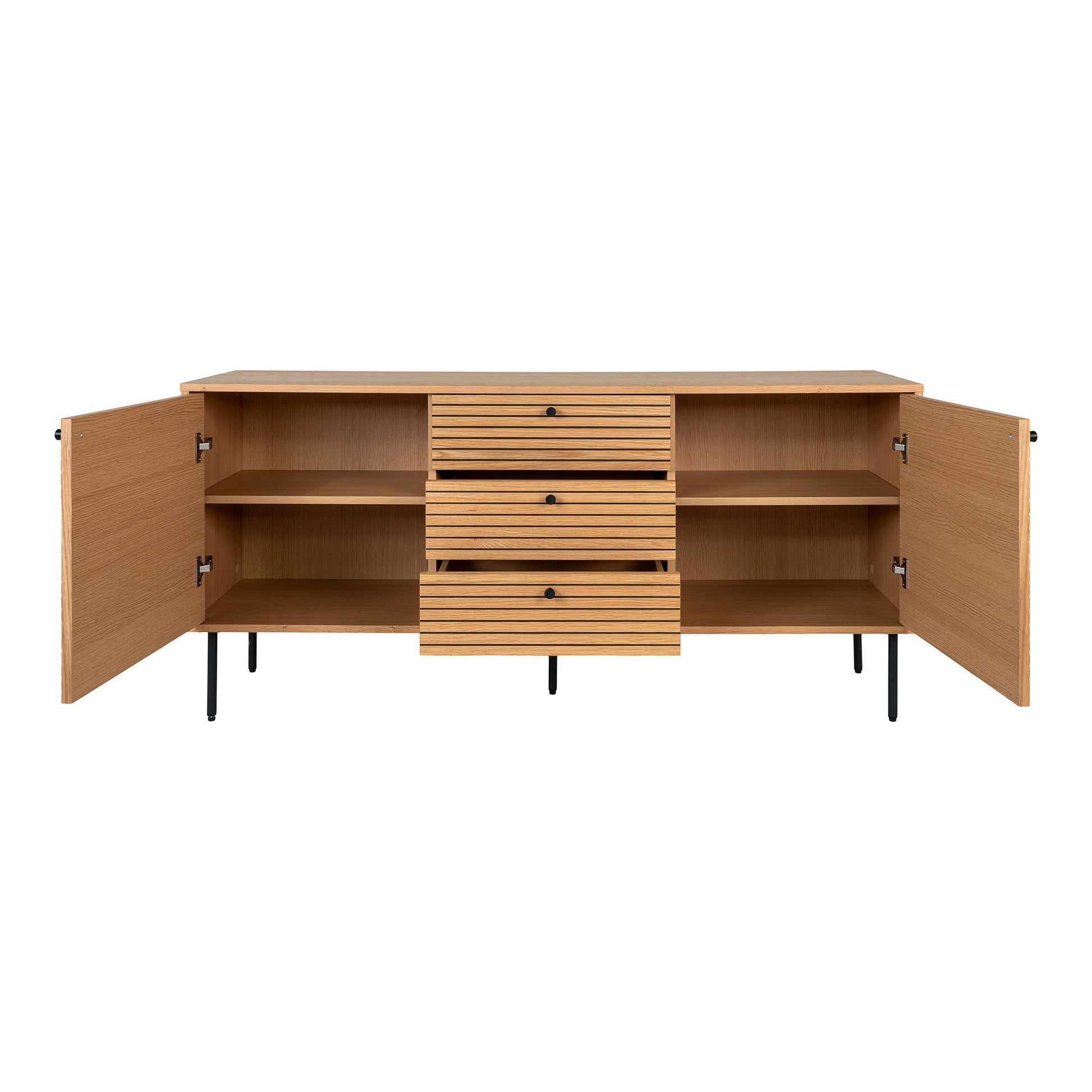  Comoda cu 3 sertare, 2 usi, furnir de stejar, natur, picioare metalice negre, cu usi deschise