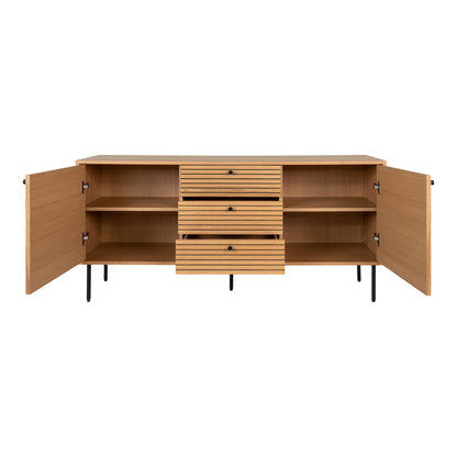 Comoda cu 3 sertare, 2 usi, furnir de stejar, natur, picioare metalice negre, cu usi deschise