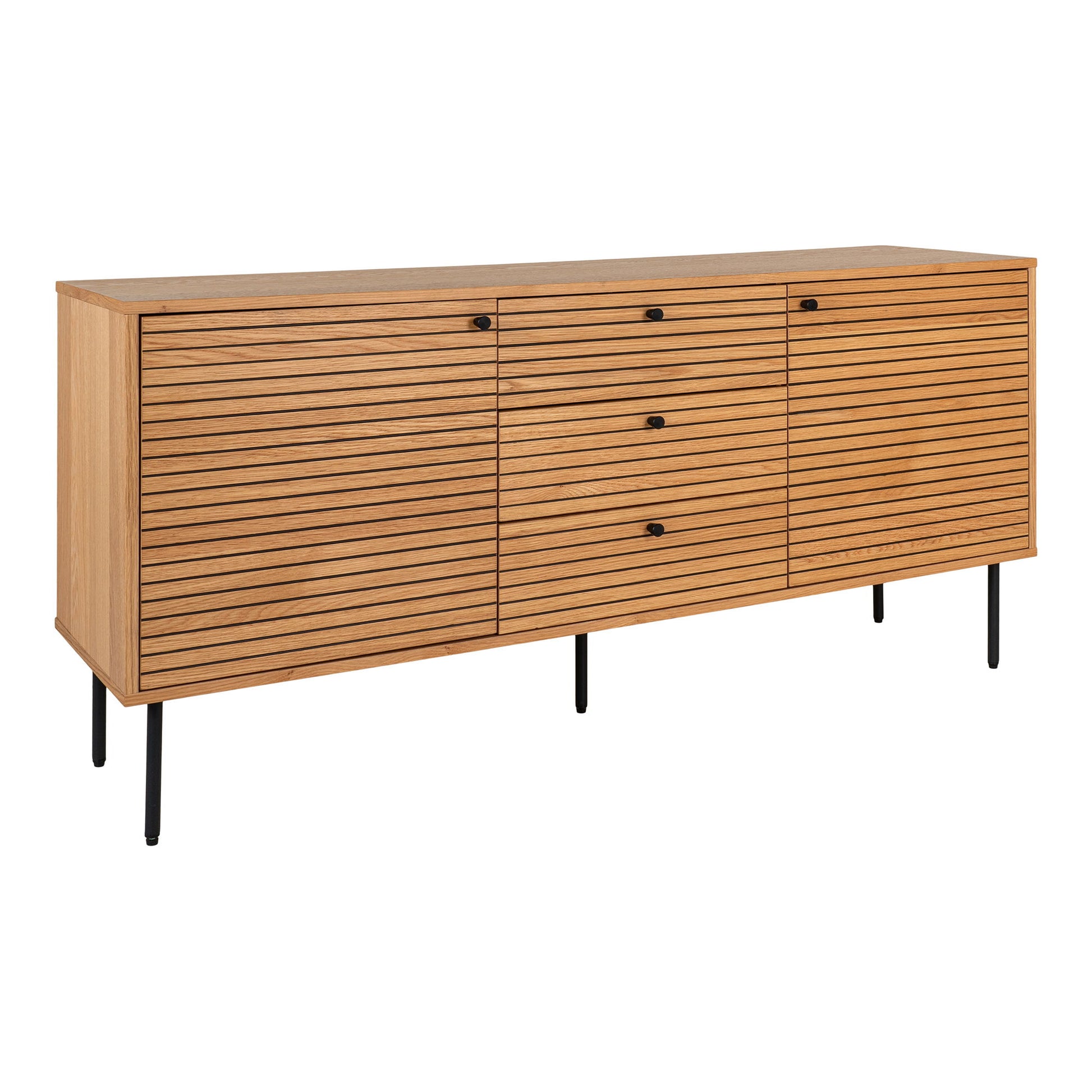  Comoda cu 3 sertare, 2 usi, furnir de stejar, natur, picioare metalice negre