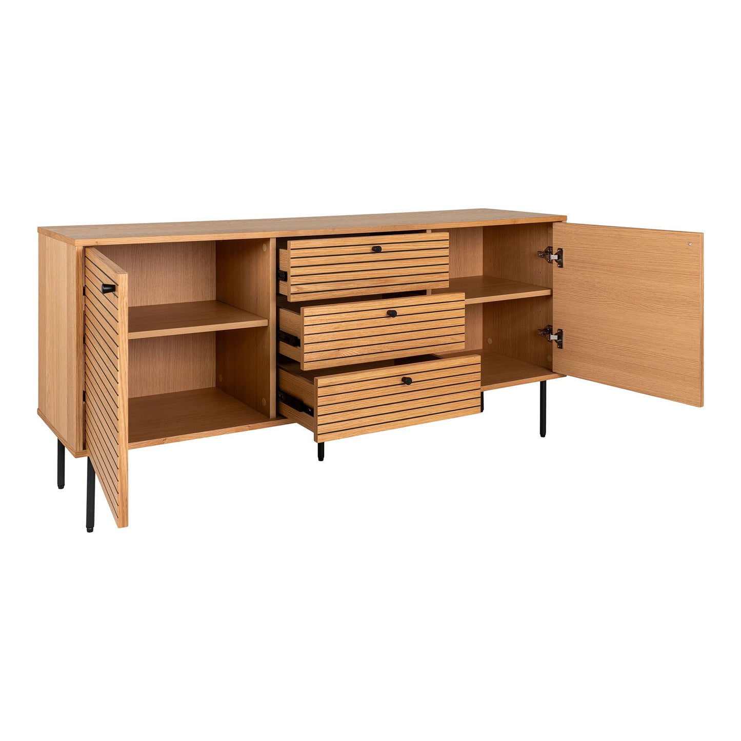  Comoda cu 3 sertare, 2 usi, furnir de stejar, natur, picioare metalice negre, cu usi deschise