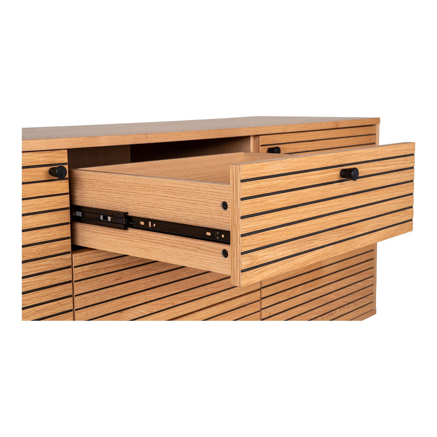  Comoda cu 3 sertare, 2 usi, furnir de stejar, natur, picioare metalice negre, cu sertar deschis