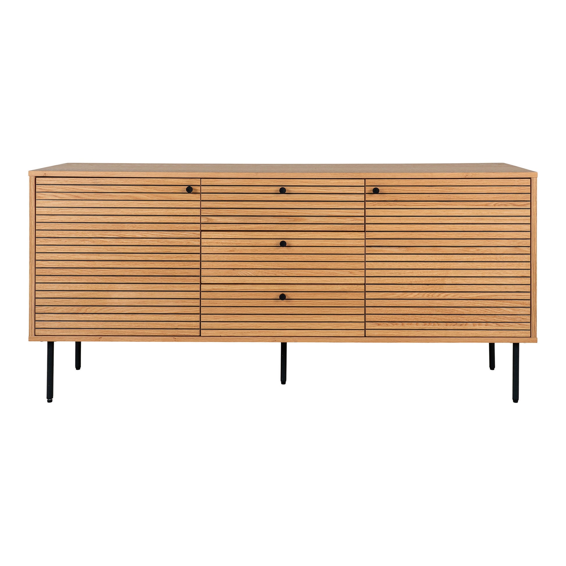  Comoda cu 3 sertare, 2 usi, furnir de stejar, natur, picioare metalice negre