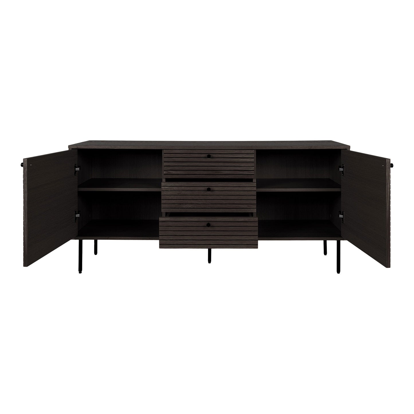 Comoda cu 3 sertare, 2 usi, furnir de stejar smoked, picioare metalice negre, cu usi deschise