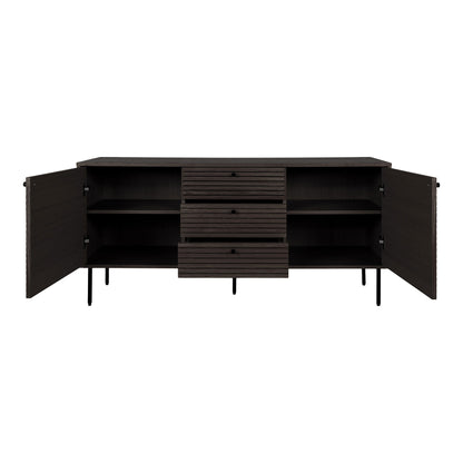 Comoda cu 3 sertare, 2 usi, furnir de stejar smoked, picioare metalice negre, cu usi deschise
