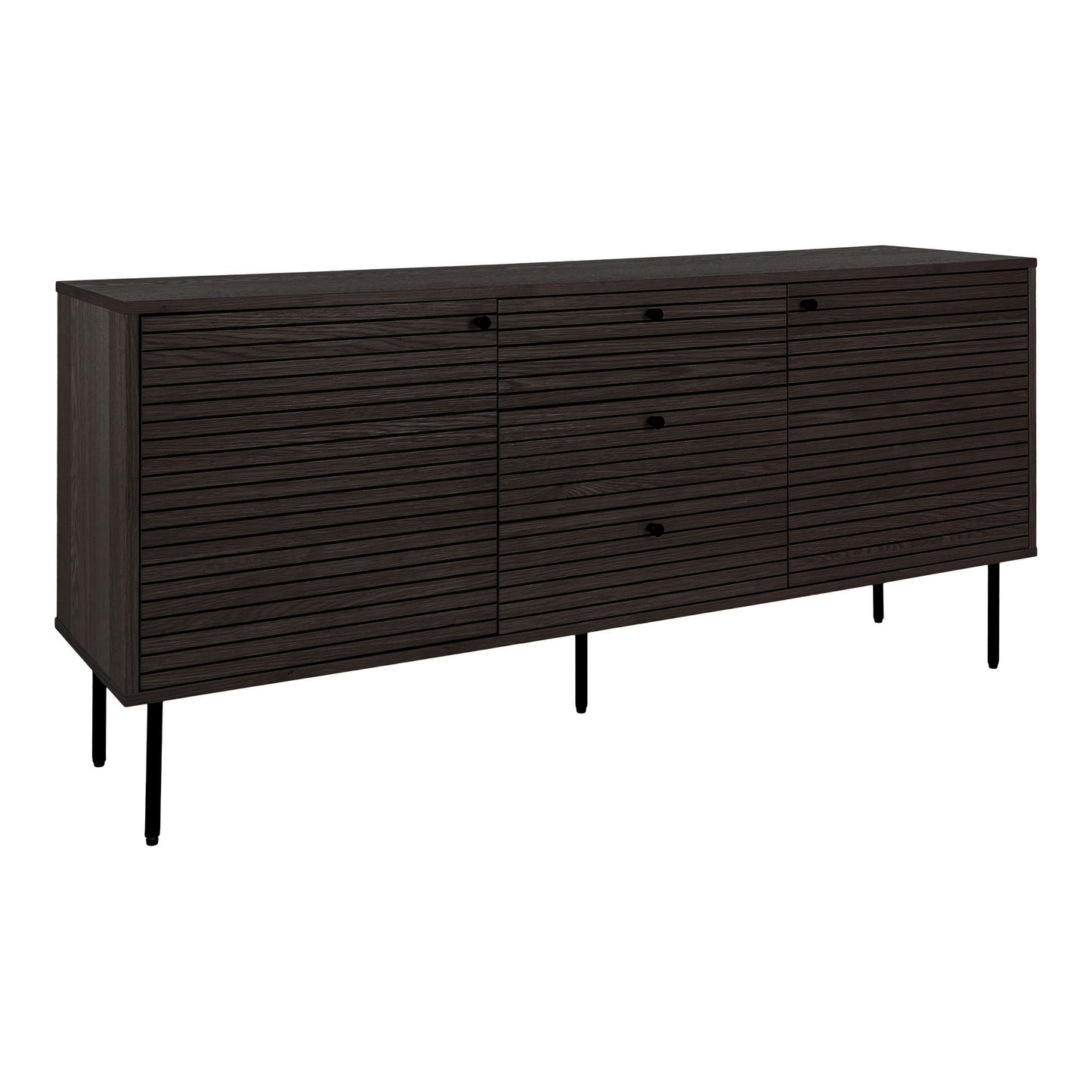 Comoda cu 3 sertare, 2 usi, furnir de stejar smoked, picioare metalice negre