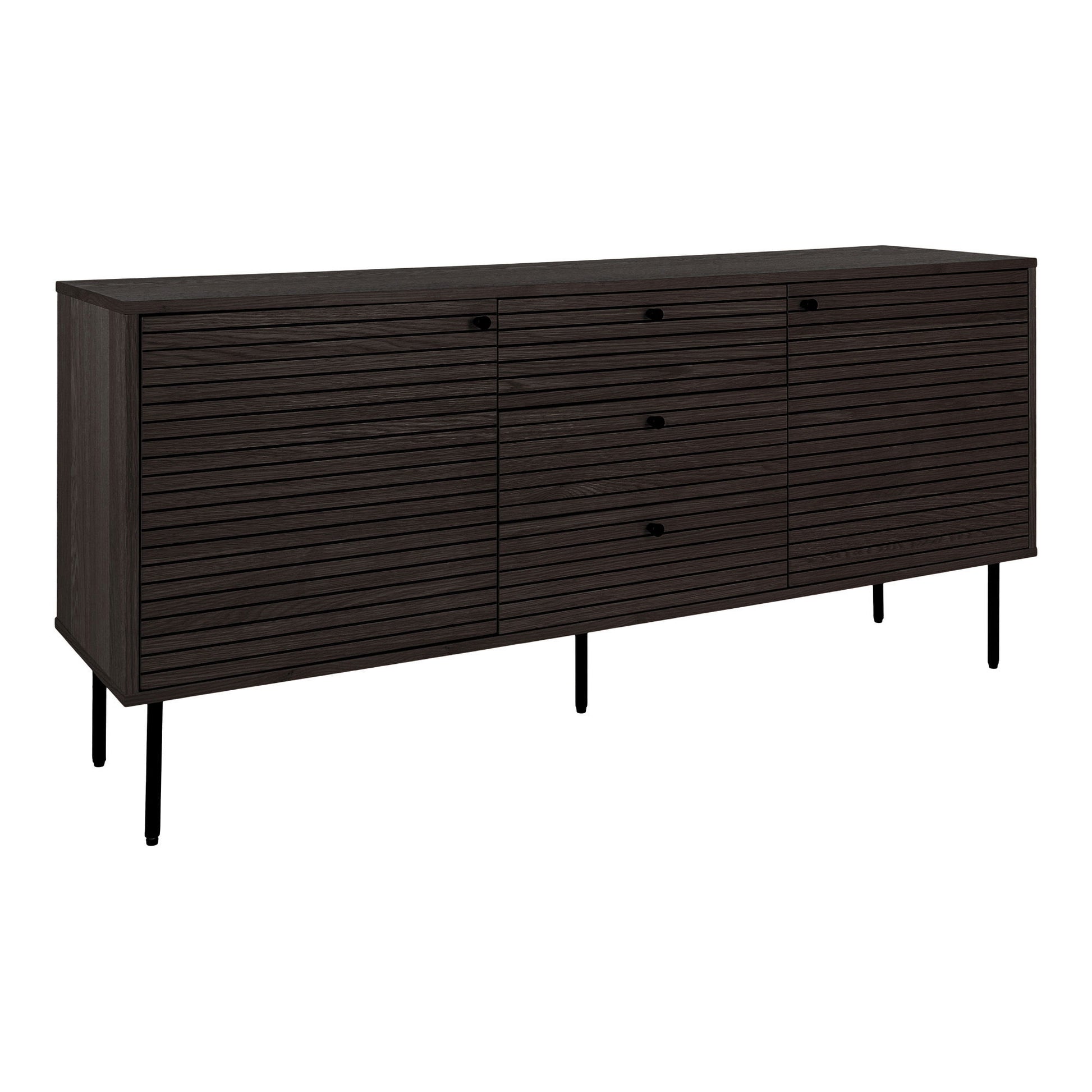 Comoda cu 3 sertare, 2 usi, furnir de stejar smoked, picioare metalice negre