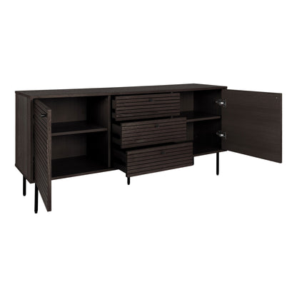Comoda cu 3 sertare, 2 usi, furnir de stejar smoked, picioare metalice negre, cu usi deschise